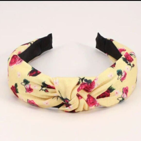 New Pink Roses in bloom yellow fabric headband - Picture 1 of 6